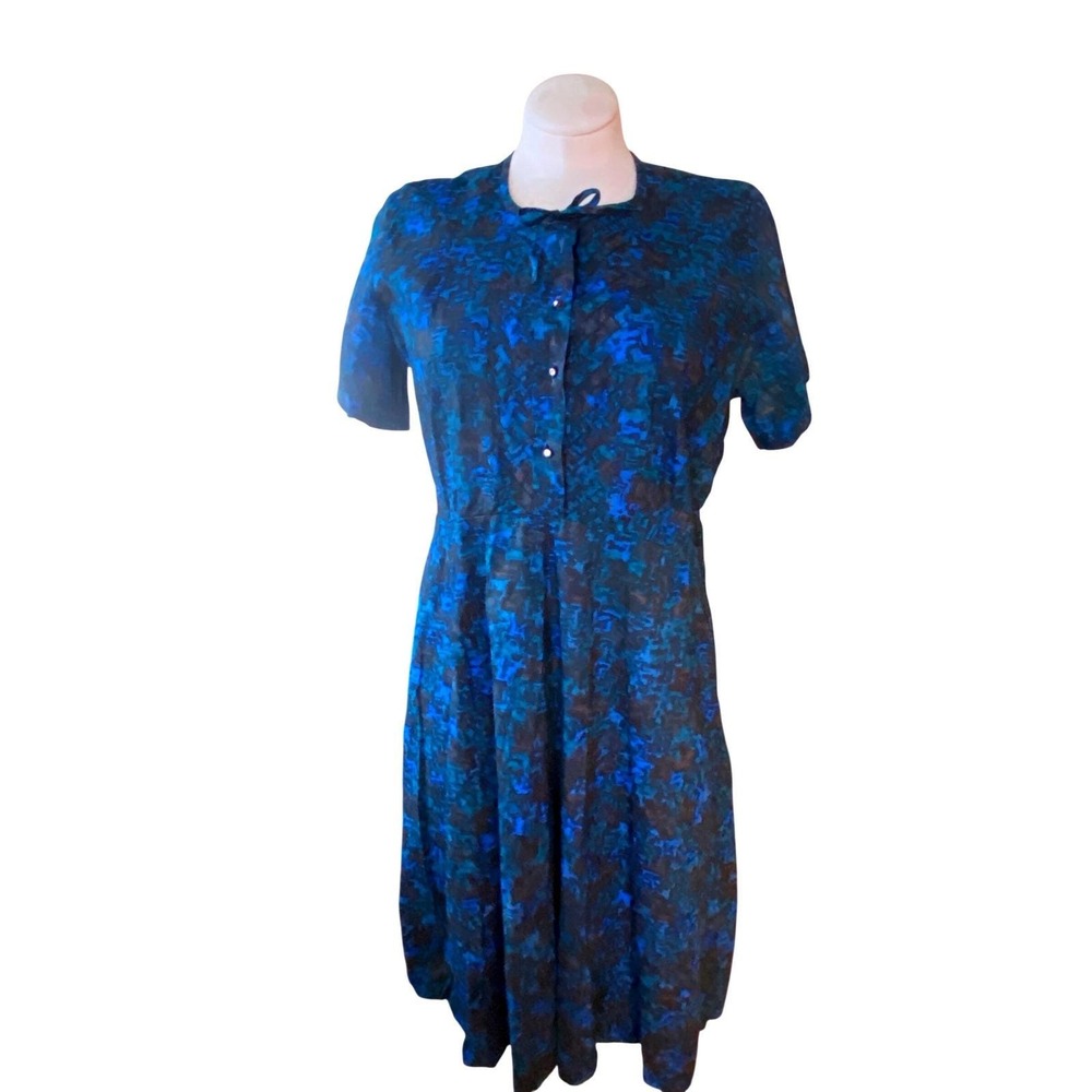 Vtg 50's Blue Abstract Watercolor Pintuck Pleated Midi Dress rockabilly XL - Picture 2 of 8
